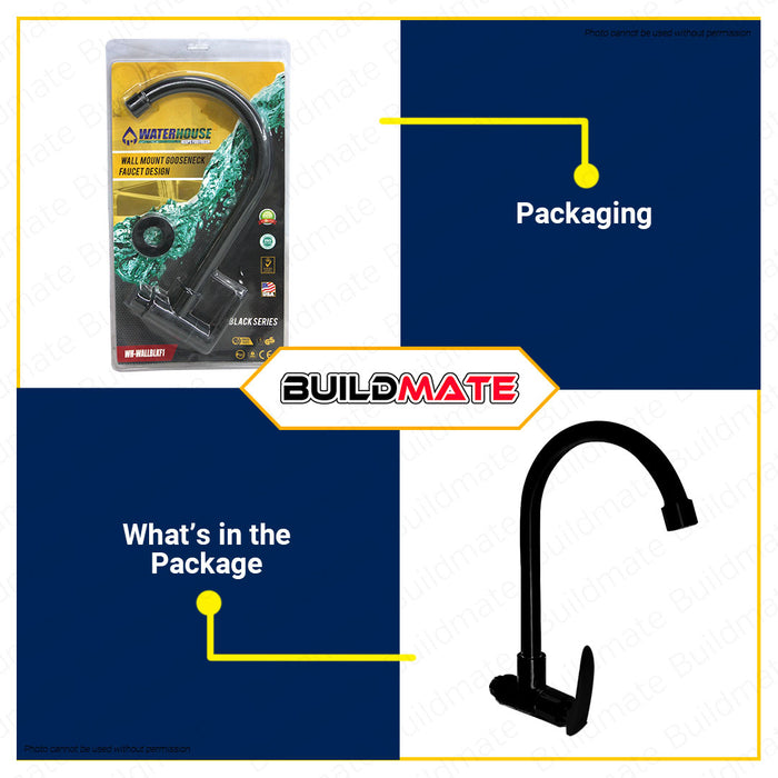 BUILDMATE Waterhouse Wall Mount Gooseneck Faucet Design F1 Stainless 304 Matte Black Mounted Sink Tap Single Hole Bar Sink Faucet Faucets for Bathroom & Outdoor WH-WALLBLK-F1 •