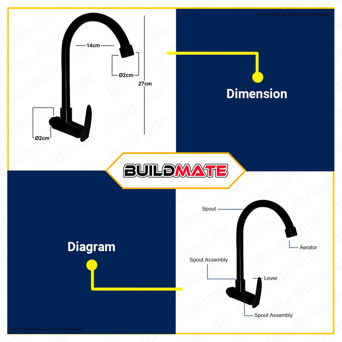 BUILDMATE Waterhouse Wall Mount Gooseneck Faucet Design F1 Stainless 304 Matte Black Mounted Sink Tap Single Hole Bar Sink Faucet Faucets for Bathroom & Outdoor WH-WALLBLK-F1 •