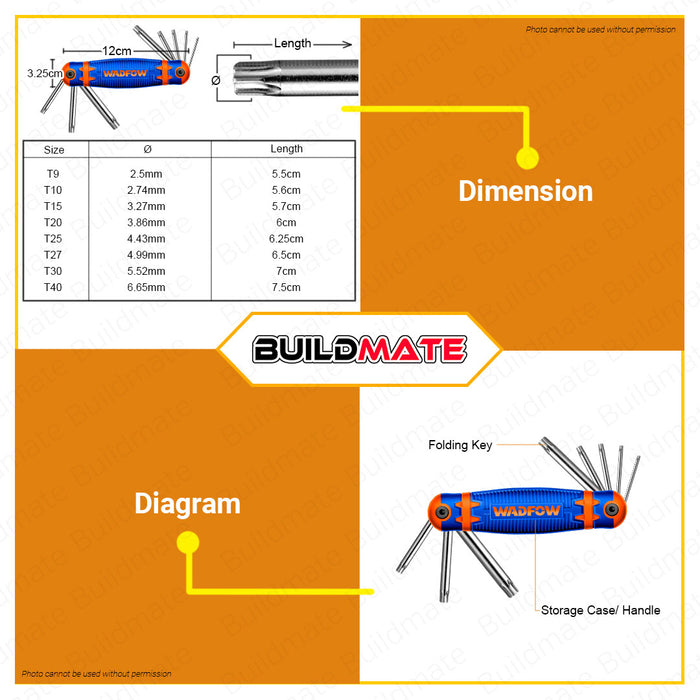 BUILDMATE Wadfow 8PCS/SET Pocket Torx Key T9-T40 Allen Wrench Set Metric Folding Allen Key Set Hand Tools WHK3281 • WHT