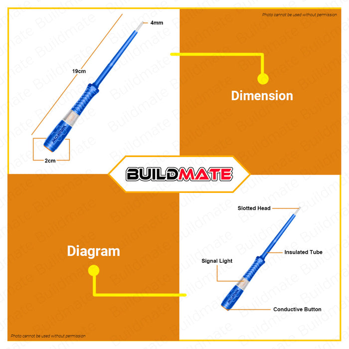 BUILDMATE Wadfow Test Pencil 4x190mm Electrical Slotted Voltage Indicator Tester Live Wire Detection Pen with Light Indicator - WHT