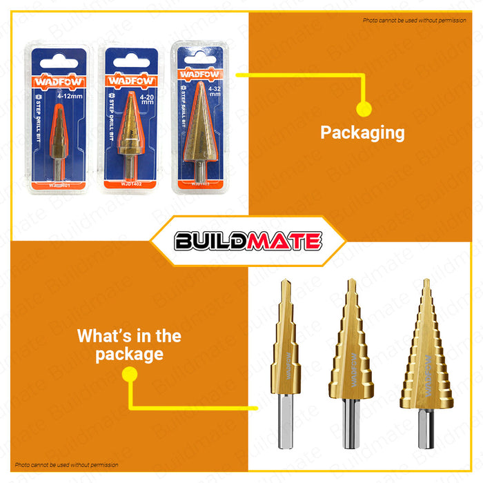 BUILDMATE Wadfow Step Drill Bit 4-12mm | 4-20mm | 4-32mm [SOLD PER PIECE] Hexagonal Shank Step Cone Drill Bit Hole Groove Cutter Titanium Coated Step Drill Metal Hex Core Drill Bits High Speed Steel Step Drill Bit Cone Hole Cutter • WHT