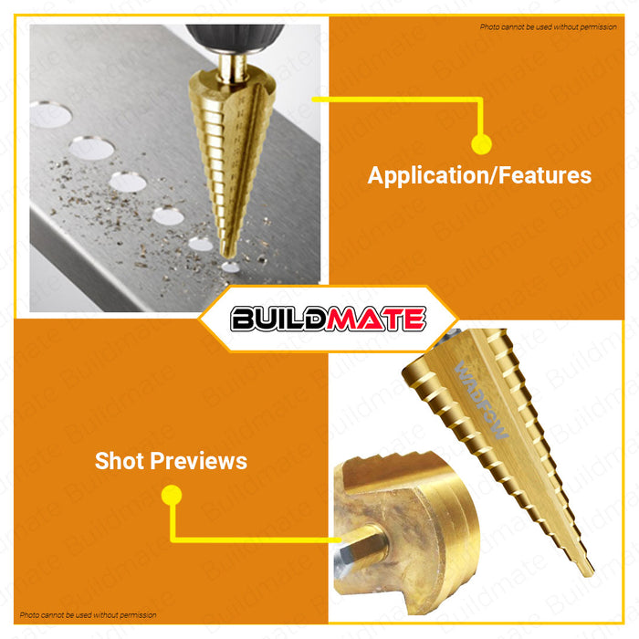 BUILDMATE Wadfow Step Drill Bit 4-12mm | 4-20mm | 4-32mm [SOLD PER PIECE] Hexagonal Shank Step Cone Drill Bit Hole Groove Cutter Titanium Coated Step Drill Metal Hex Core Drill Bits High Speed Steel Step Drill Bit Cone Hole Cutter • WHT