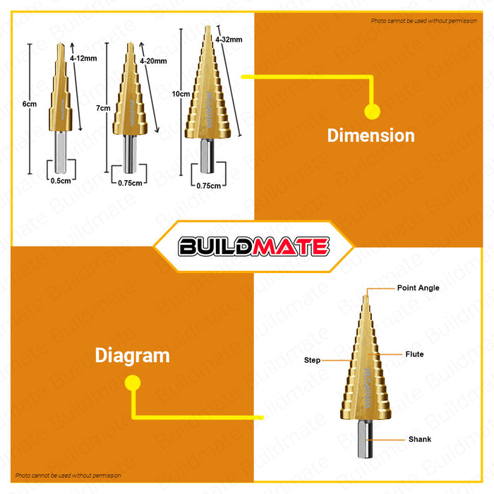 BUILDMATE Wadfow 3PCS/SET Step Drill Bit Hexagonal Shank Step Cone Drill Bit Hole Groove Cutter Titanium Coated Step Drill Metal Hex Core Drill Bits High Speed Steel Step Drill Bit Cone Hole Cutter WJD3401• WHT