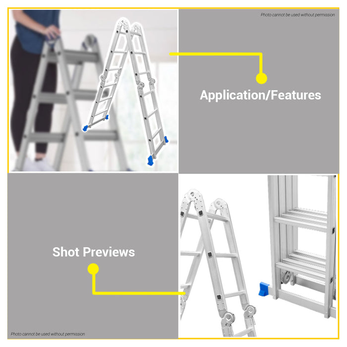 BUILDMATE Wadfow Multi-Purpose Aluminum Ladder 4x3 / 4x4 Steps Heavy Duty Indoor / Outdoor Extendable Folding Ladder - WHT