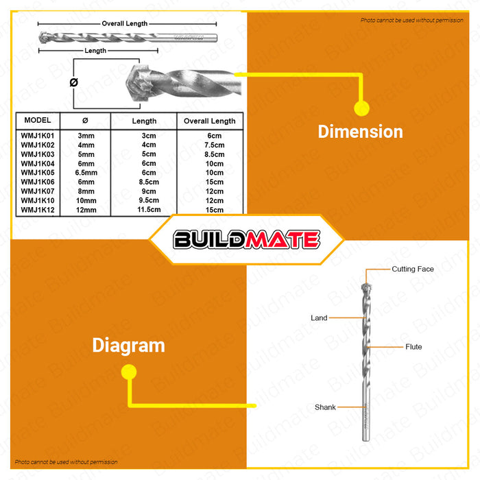 WADFOW Masonry Drill Bit 3mm To 12mm Alloy Triangle Drill Bits Concrete Drill Bit Ceramic Tile Drill Bits Carbide Tip / Point Angle Multi-Function Metal Drill for Brick, Tile, Cement, Ceramic, Glass, And Plastic Hand Tool •BUILDMATE• WHT