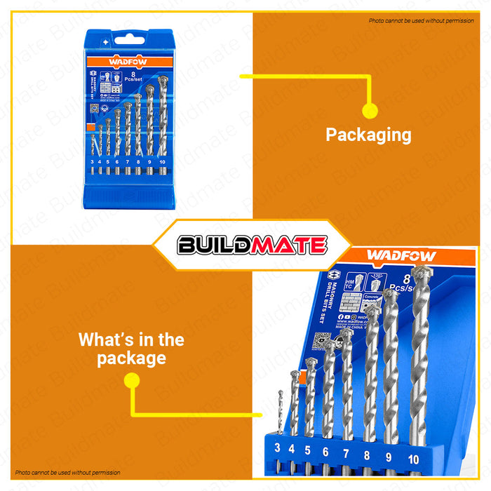 BUILDMATE Wadfow 8PCS Masonry Drill Bits Set 3MM to 10MM for Concrete & Bricks Cement Impact Drill Bit Set Alloy Triangle Bits Carbide Tip / Point Angle Multi-Function Drill Hand Tool WMJ6B08 • WHT