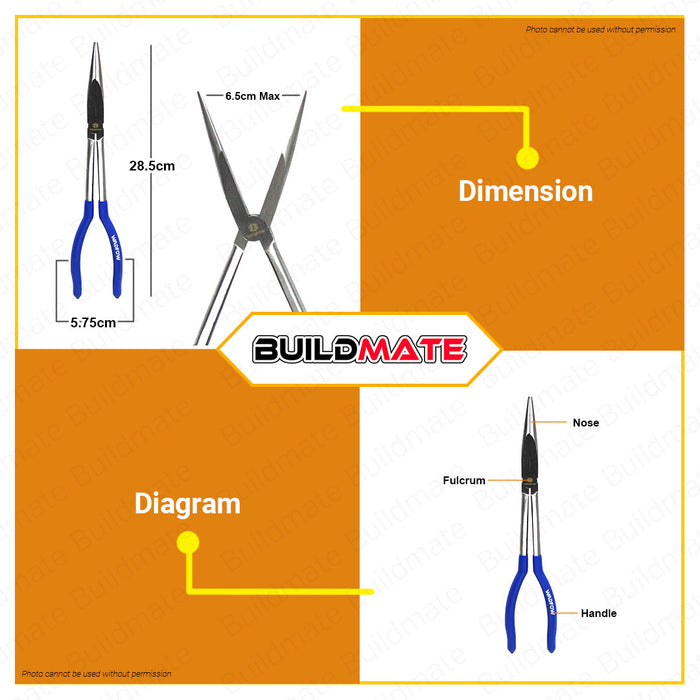 WADFOW Straight Long Nose Pliers 11" Inch 280mm Long Needle Nose Pliers Straight Pliers Long Reach Pliers Hand Tool Pliers Straight Bent Tip Mechanic Equipment Repair Tool WPL1E11 •BUILDMATE• WHT