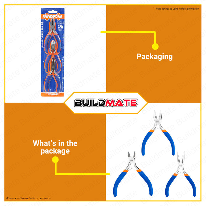 WADFOW 3pcs/Set Mini Pliers 4.5" Inch Diagonal, Combination & Long Nose Pliers WPS1613 BUILDMATE WHT