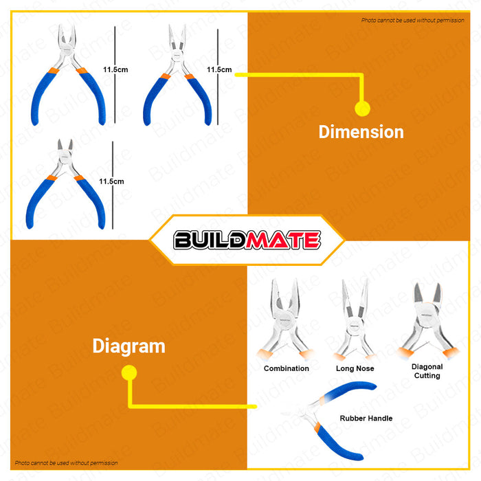 WADFOW 3pcs/Set Mini Pliers 4.5" Inch Diagonal, Combination & Long Nose Pliers WPS1613 BUILDMATE WHT