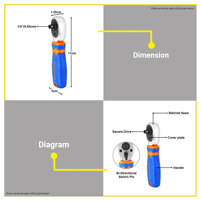 BUILDMATE Wadfow Stubby Ratchet Handle 110mm 1/4" Drive Head for Socket or Bits Quick Release Socket Wrench Rod WRW2J14 • WHT