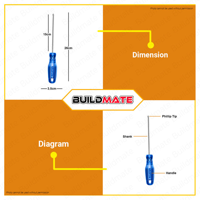 BUILDMATE Wadfow Phillips Screwdriver PH2X38mm | PH2x150mm 40CR Round Shank Magnetic Hand Tools WHT