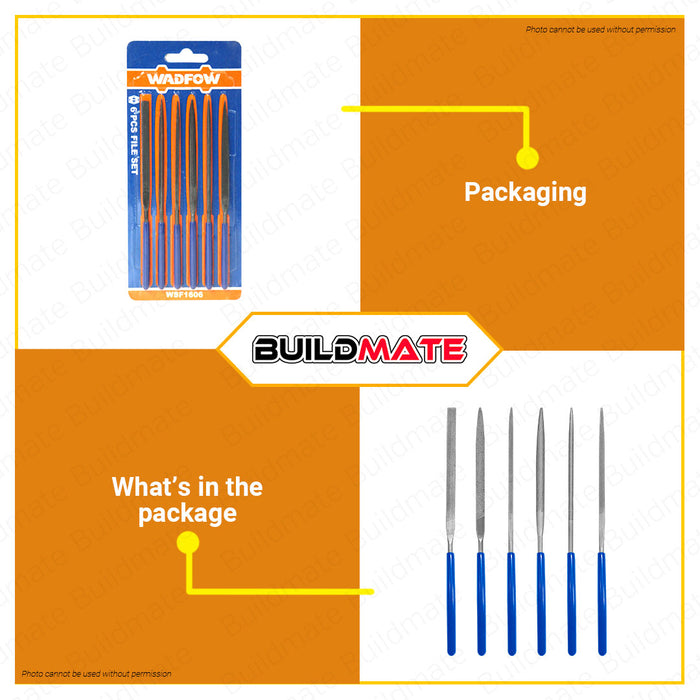 BUILDMATE Wadfow 6PCS File Set 140MM Needle File Set Diamond File Mini Needle File Set Flat File, Round File, Half Round File, Square File, Triangle File, Knife File Hardened Alloy Strength Steel Hand Tools WSF1606 • WHT