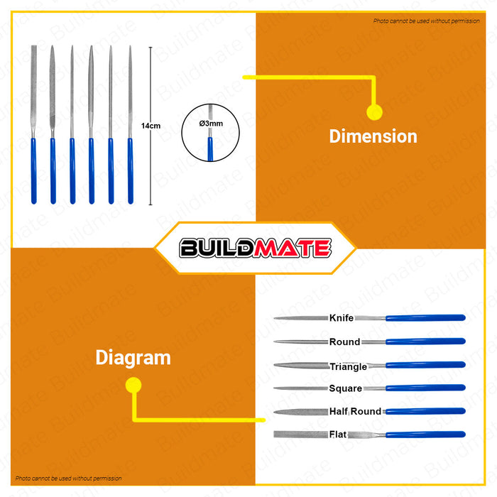 BUILDMATE Wadfow 6PCS File Set 140MM Needle File Set Diamond File Mini Needle File Set Flat File, Round File, Half Round File, Square File, Triangle File, Knife File Hardened Alloy Strength Steel Hand Tools WSF1606 • WHT