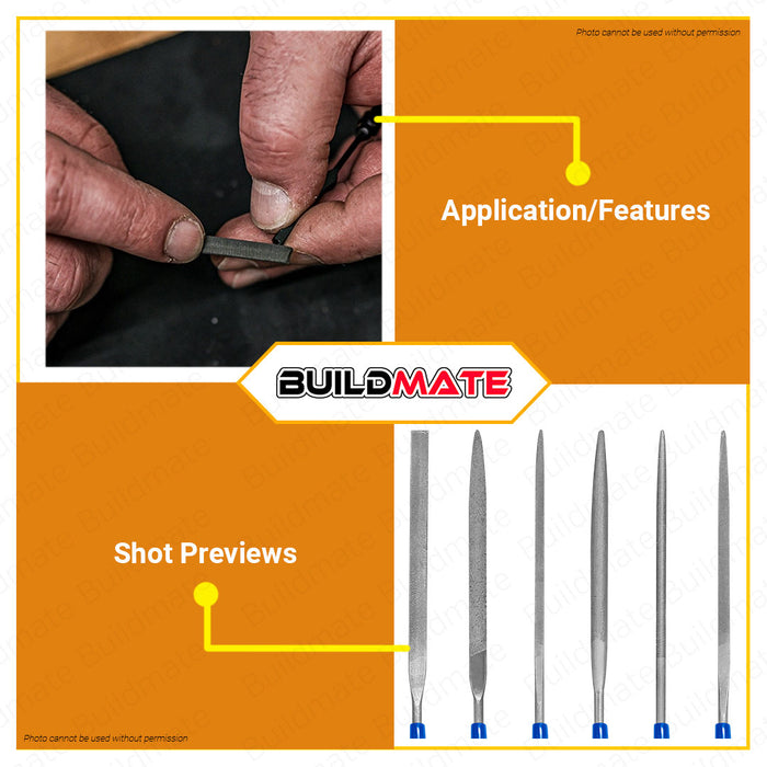 BUILDMATE Wadfow 6PCS File Set 140MM Needle File Set Diamond File Mini Needle File Set Flat File, Round File, Half Round File, Square File, Triangle File, Knife File Hardened Alloy Strength Steel Hand Tools WSF1606 • WHT