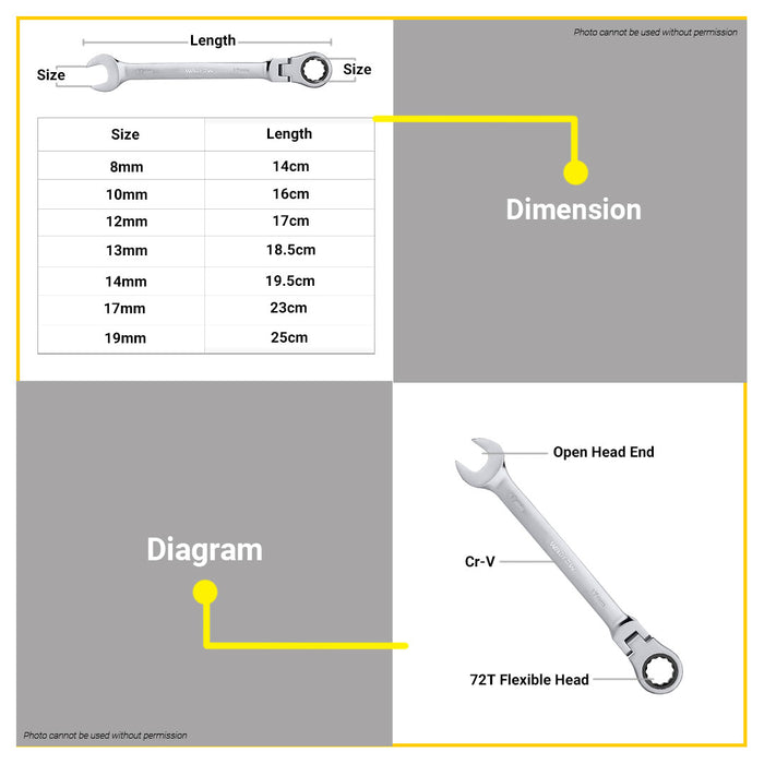 BUILDMATE Wadfow 5pcs / 7pcs Flexible Head Combination Ratchet Spanner Set 8-19mm / 8-14mm Ratcheting Wrench Gear Ring Hand Tool Set WSP5207 - WHT