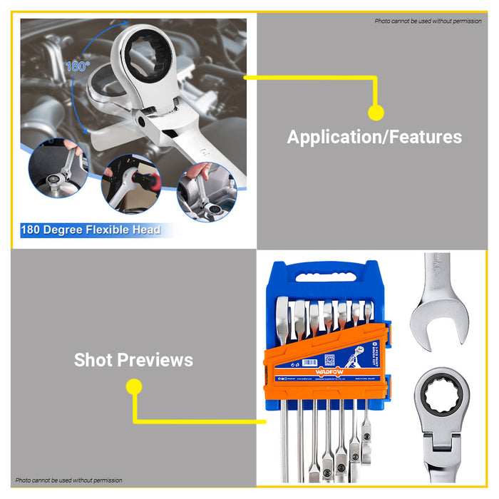 BUILDMATE Wadfow 5pcs / 7pcs Flexible Head Combination Ratchet Spanner Set 8-19mm / 8-14mm Ratcheting Wrench Gear Ring Hand Tool Set WSP5207 - WHT