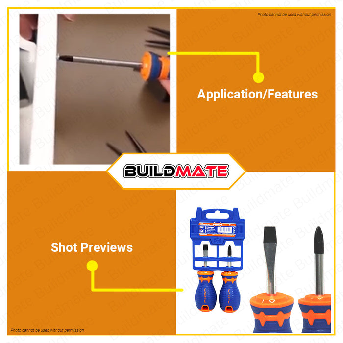 WADFOW 2PCS Screwdriver Set 38mm Flat & Philip Screw Driver CR-V Round Shank & Flathead Set Hand Tool Repair Tool Kit Hand Tool Set WSS1202 •BUILDMATE• WHT