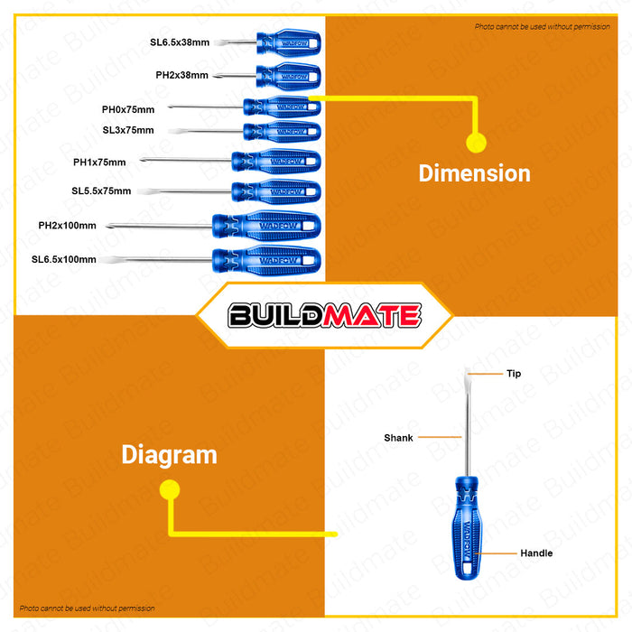 BUILDMATE Wadfow 8PCS Screwdriver Set Flat & Philip Screwdriver Round Shank & Flathead Screwdriver Slotted Screwdriver Crosshead Screwdriver Repair Tool Kit Hand Tool Set WSS2408 • WHT