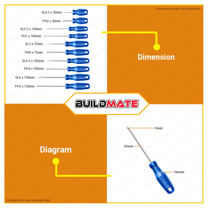 WADFOW 10PCS Screwdriver SET Phillips & Slotted Screw Driver Hand Tool WSS2410 •BUILDMATE• WHT