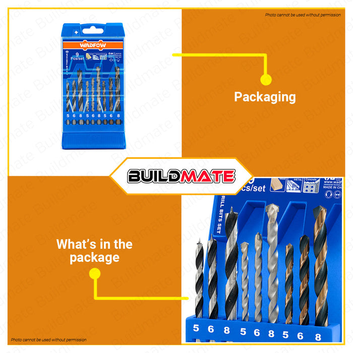BUILDMATE Wadfow 9PCS Drill Bits Set HSS Twist Drill Bits Masonry Drill Bits Wood Drill Bits Triangle Drill Bits Concrete Drill Bit HSS Drill Bit Impact Drill Bit Set Wood Drilling WTD6B01 • WHT