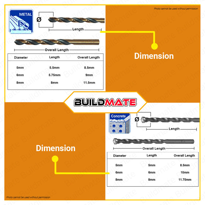 BUILDMATE Wadfow 9PCS Drill Bits Set HSS Twist Drill Bits Masonry Drill Bits Wood Drill Bits Triangle Drill Bits Concrete Drill Bit HSS Drill Bit Impact Drill Bit Set Wood Drilling WTD6B01 • WHT