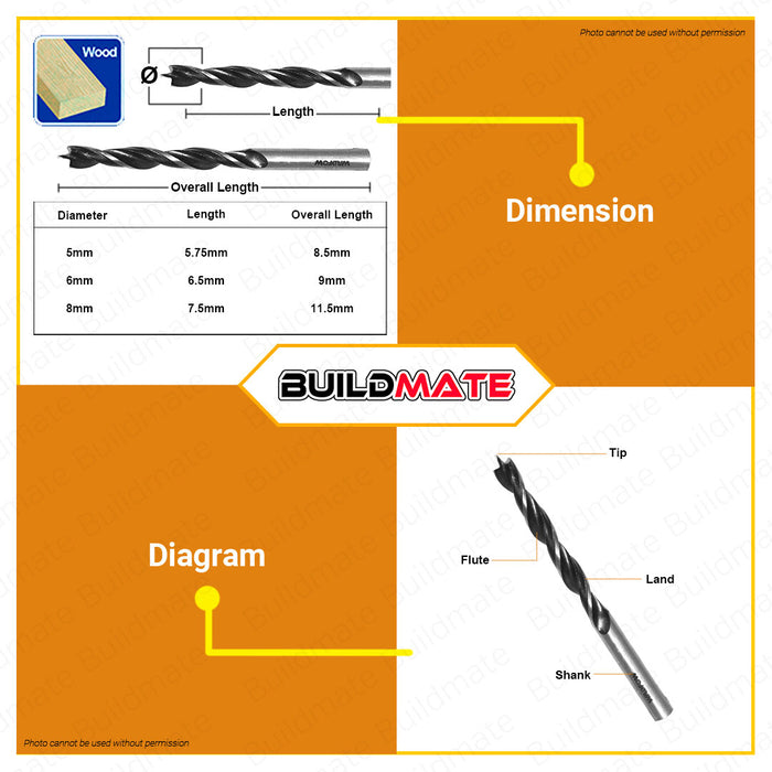 BUILDMATE Wadfow 9PCS Drill Bits Set HSS Twist Drill Bits Masonry Drill Bits Wood Drill Bits Triangle Drill Bits Concrete Drill Bit HSS Drill Bit Impact Drill Bit Set Wood Drilling WTD6B01 • WHT