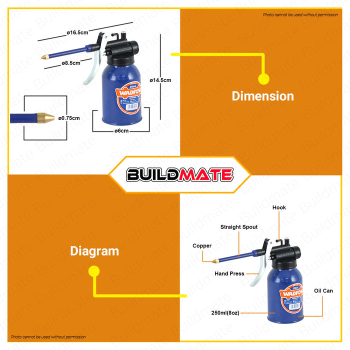 BUILDMATE Wadfow Oil Can 250ml | 500ml High Pressure Hand Pump Oiler Pot All Steel Body WYH1325 | WYH1350 • WHT