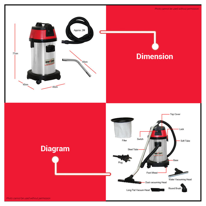 BUILDMATE Zekoki 30L 1000W VACUUM CLEANER Wet & Dry Multi-Purpose Mops For Floor Cleaning, Self-Cleaning, Air Drying Household Floor Cleaning Tools Wet/Dry Vacuum Cleaner ZKK-3000VC