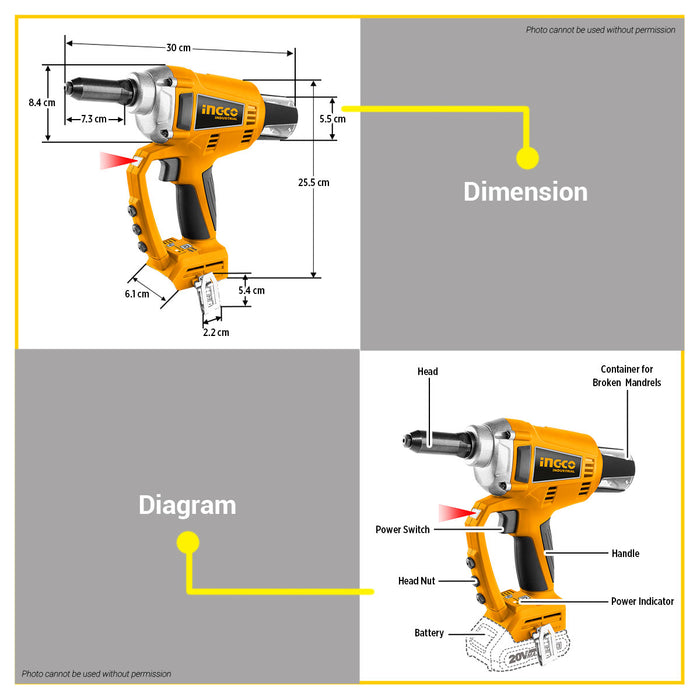 BUILDMATE Ingco 20V Lithium-Ion Brushless Cordless Rivet Tool 20kN Rechargeable Riveting Gun Fastening Power Tool - ICPT