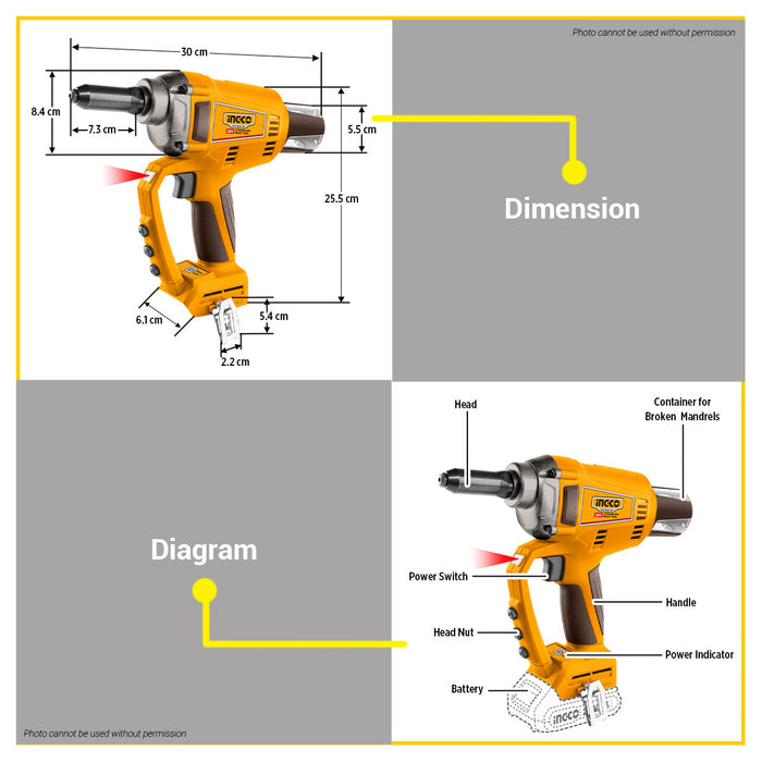 BUILDMATE Ingco 20V Lithium-Ion Brushless Cordless Rivet Tool 20kN Rechargeable Riveting Gun Fastening Power Tool - ICPT