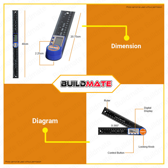 WADFOW Digital Angle Ruler 200mm  Finder Protractor 2 in 1 Angle Finder Ruler WSR1401 •BUILDMATE WHT