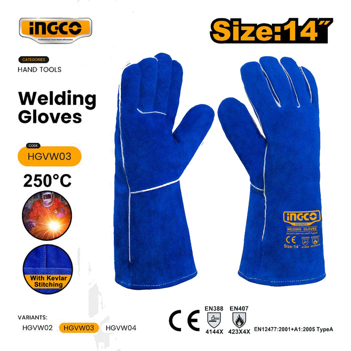INGCO 14"/16" Leather Welding Gloves Heat Resistant Safety Work Gloves Heavy Duty Hand Protection Gear For Welders SOLD PER PIECE - HT2