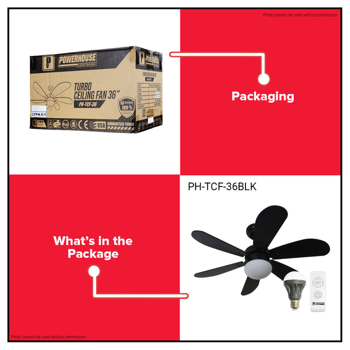 POWERHOUSE Turbo Ceiling Fan AC Motor 36in With Led Bulb & Remote Control Black, White & Wood PHE