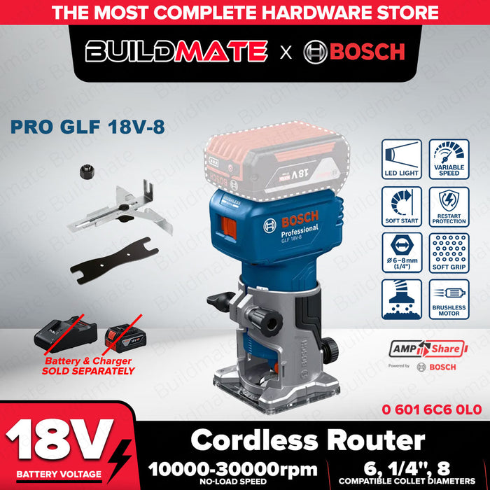 Buildmate x BOSCH Cordless Router GLF 18V-8 18V Brushless Wood Trimmer 06016C60L0