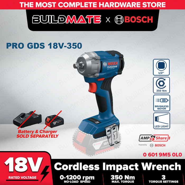 Buildmate x BOSCH SOLO Cordless Impact Wrench GDS 18V-350 18V 1/2" 350Nm Brushless 06019M50L0