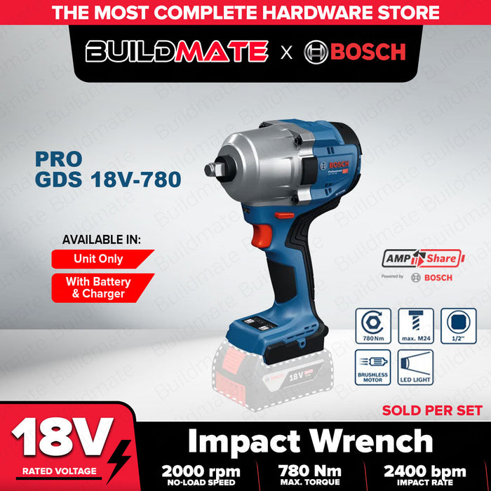 Buildmate x BOSCH SOLO & KIT 780Nm Impact Wrench 2x Battery 1x Charger GDS18V-780 06019P40L0 K1 BLC