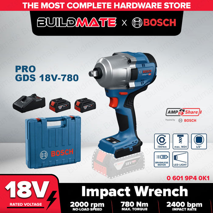 Buildmate x BOSCH SOLO & KIT 780Nm Impact Wrench 2x Battery 1x Charger GDS18V-780 06019P40L0 K1 BLC