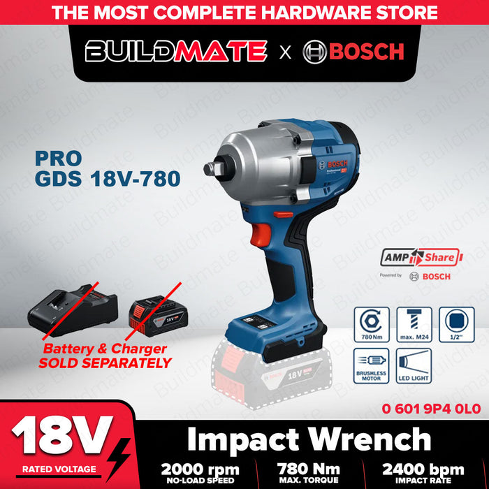 Buildmate x BOSCH SOLO & KIT 780Nm Impact Wrench 2x Battery 1x Charger GDS18V-780 06019P40L0 K1 BLC
