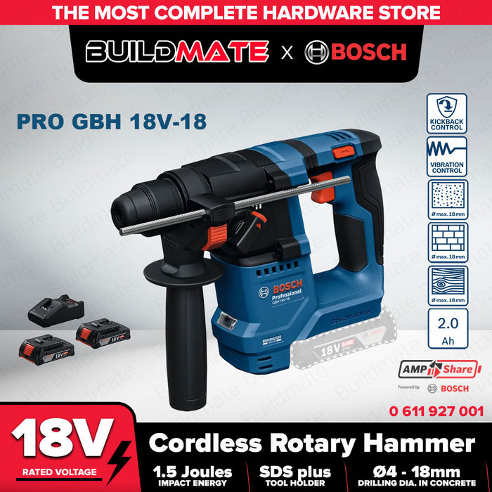Buildmate x BOSCH PRO KIT SDS Plus Rotary Hammer w/ Kickback Control 2x Battery GBH18V-18 BLC 0611927001