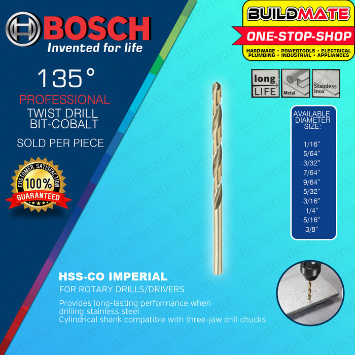 BUILDMATE Bosch Twist Drill Bit Set 1/16" - 3/8" Inch HSS-CO Cobalt Drills for Stainless Steel Drilling - BAX