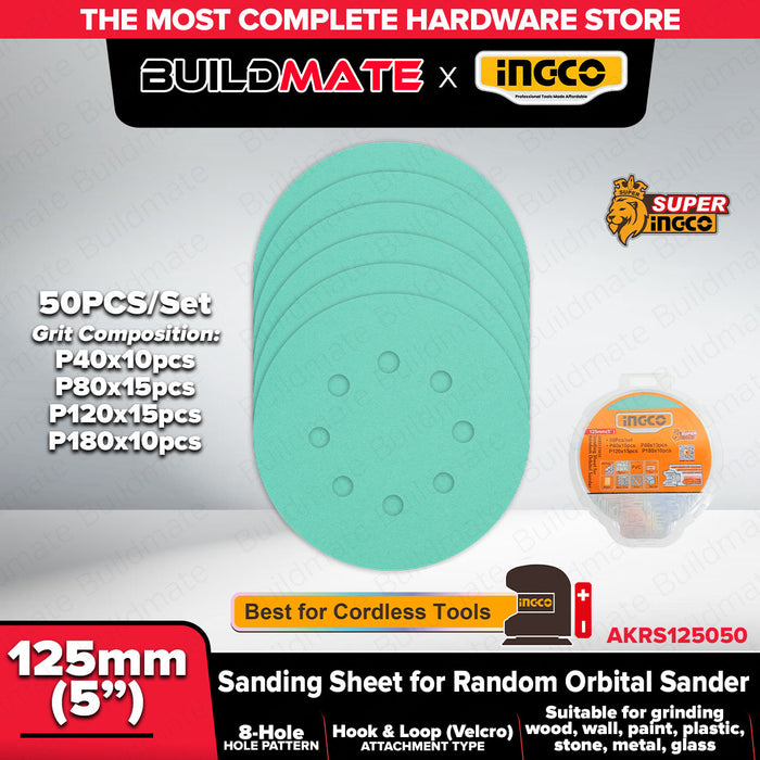 INGCO 125mm Sanding Sheet for Orbital Sander 50pcs/set AKRS125050 IHT