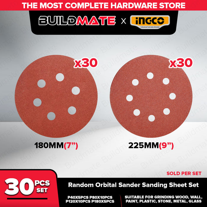 Buildmate x INGCO Random Orbital Sander Sanding Sheet Set 180mm 225mm 30PCS Assorted Grit Sandpaper for Wood Metal Wall Paint AKRS180030 AKRS225030 IHT