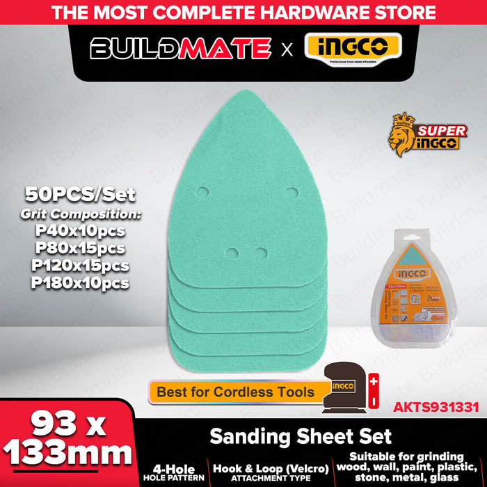 INGCO 50PCS/SET 93x133mm Sanding Sheets for Orbital Sander Assorted Grits (P40–P180) Sandpaper Pads for Wood Paint & Metal AKTS931331 - IHT