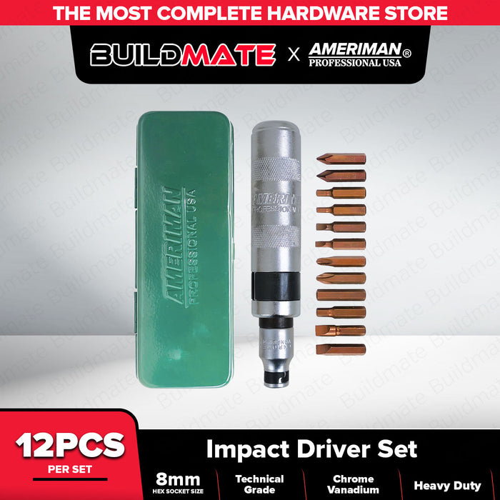 AMERIMAN TAIWAN Impact Drviver 12PCS/SET HEAVY DUTY AT-IM12HD •BUILDMATE•