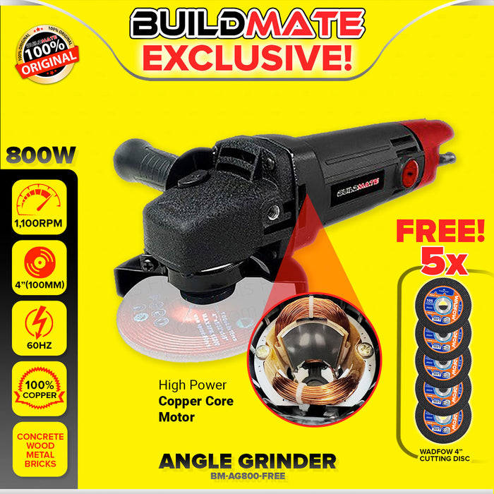BUILDMATE Brand 4" Inch Electric Angle Grinder 800W Polishing and Grinding Machine with 5pcs Cutting Disc Power Tools BMAG800