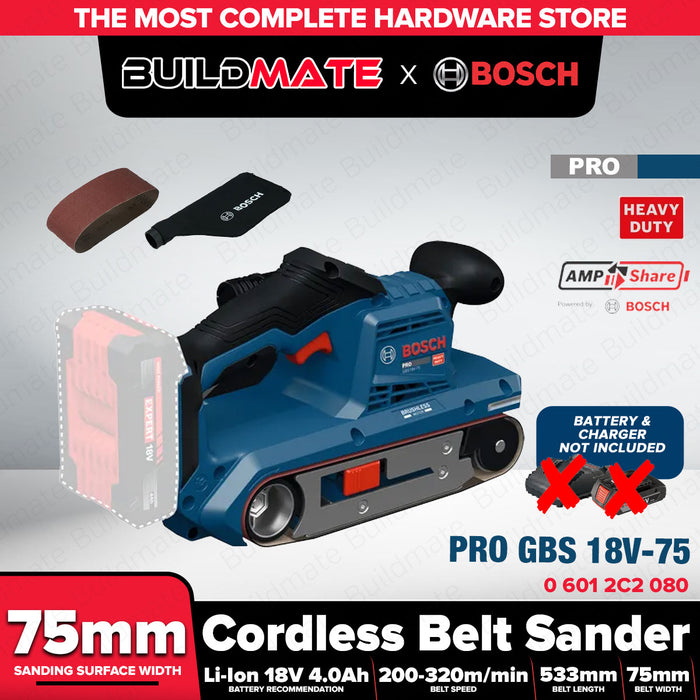 Buildmate x BOSCH Cordless Belt Sander 18V Brushless 75mm Professional Wood Sander GBS 18V-75 06012C2080 BPT