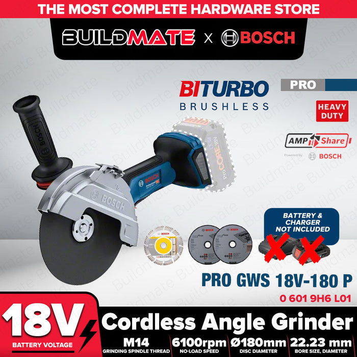 Buildmate x BOSCH Cordless Angle Grinder 18V 180mm BITURBO Brushless Heavy Duty Grinder GWS 18V-180 P 06019H6L01 BLC