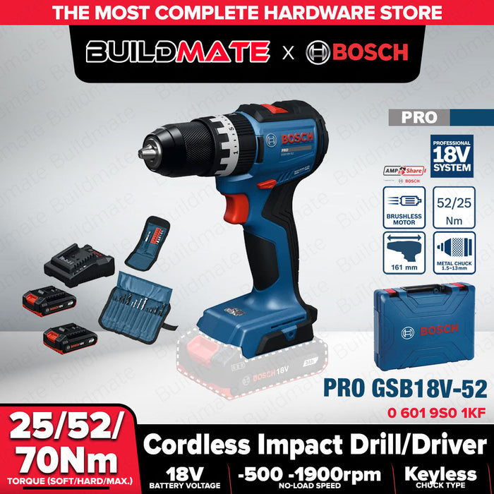 Buildmate x [KIT] BOSCH CORDLESS IMPACT DRILL DRIVER WITH BATTERY AND CHARGER GSB 18V-52 LI (06019S01KF) BLC