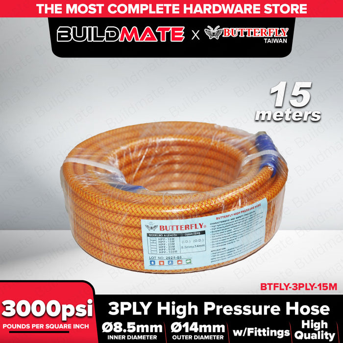 BUILDMATE Butterfly 3-Ply High Pressure Spray Hose 3000psi For Air Water & Oil w/ Fittings Industrial Pneumatic Hose Pipe