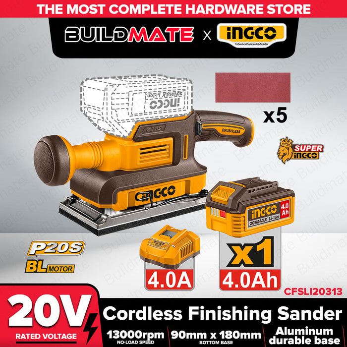Buildmate x INGCO 20V Brushless Finishing Sander 90x180mm Cordless Tool CFSLI20313